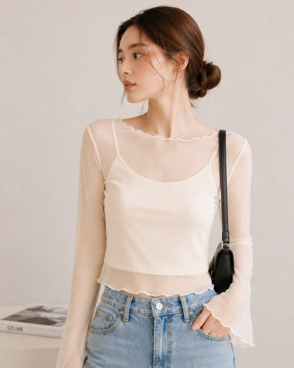 【Sheer Layered Long Sleeve Top Set】