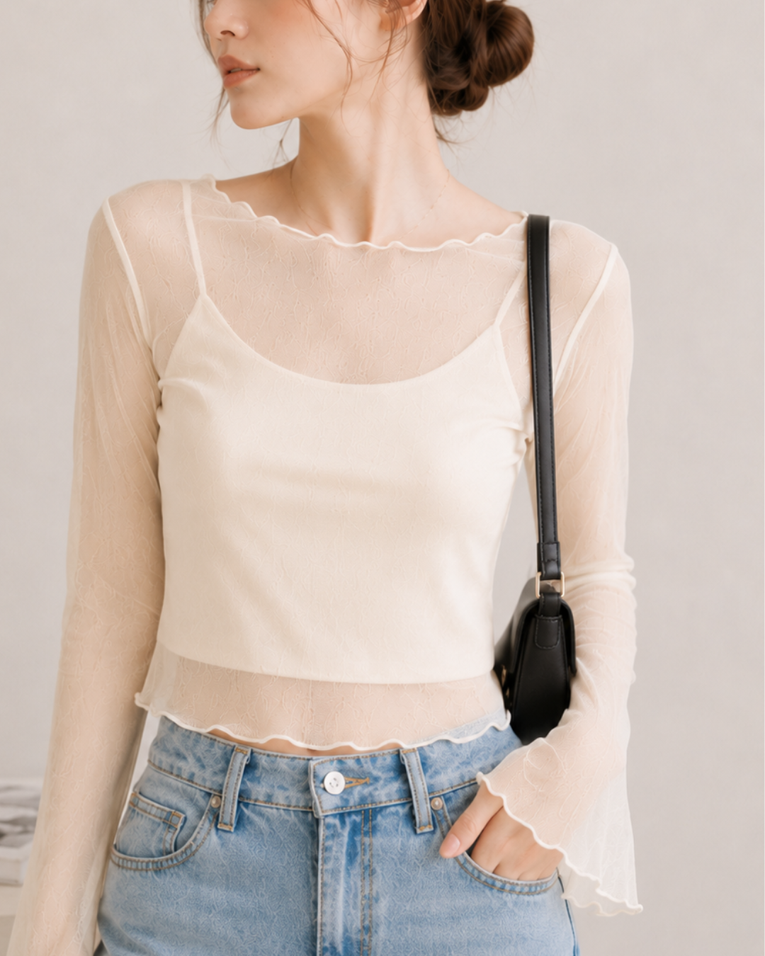【Sheer Layered Long Sleeve Top Set】