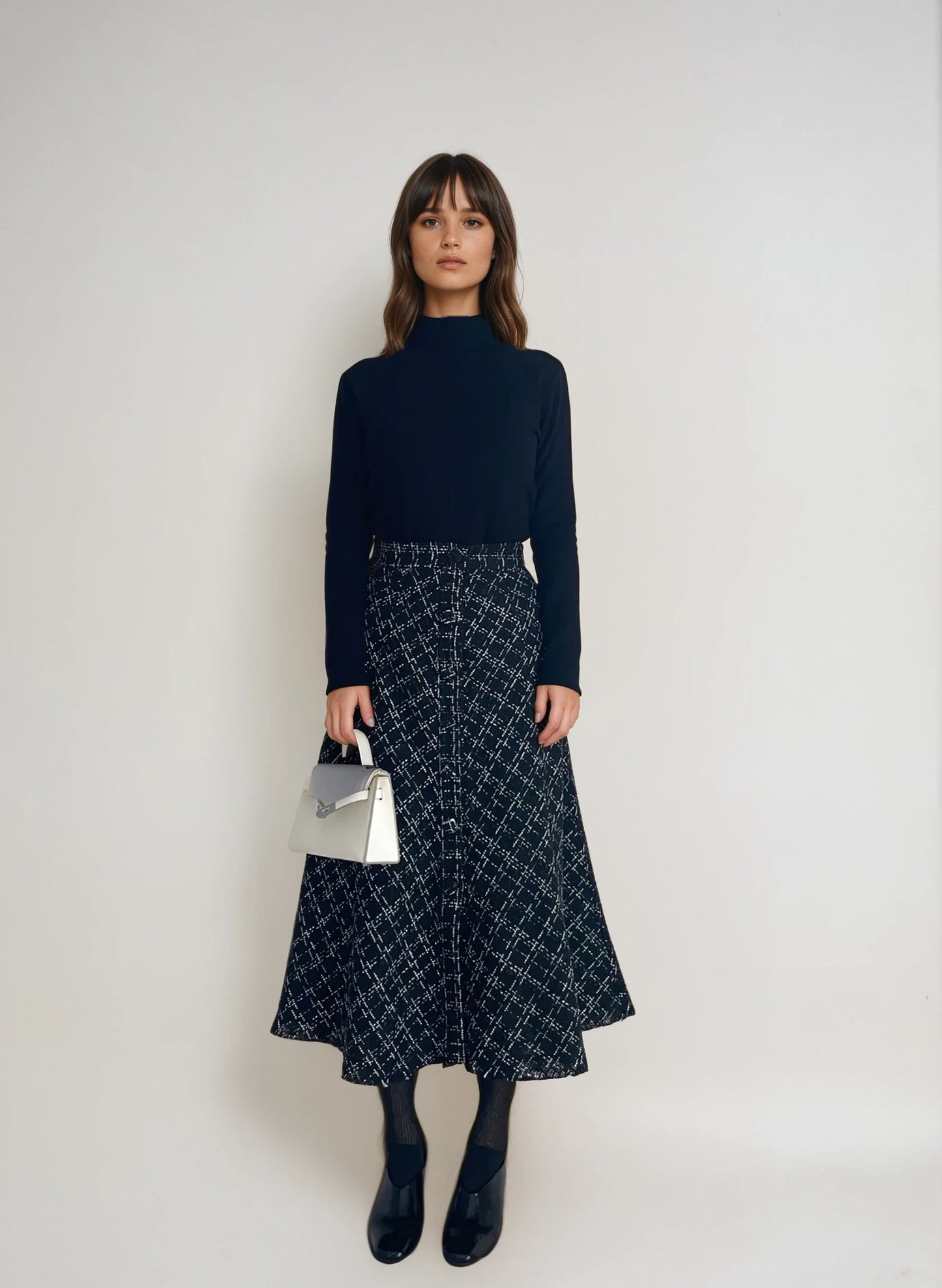 【2点SET】Fringe Tweed Flare Skirt × Soft Touch High Neck Knit