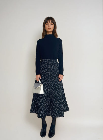 【2点SET】Fringe Tweed Flare Skirt × Soft Touch High Neck Knit