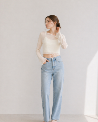 【Sheer Layered Long Sleeve Top Set】
