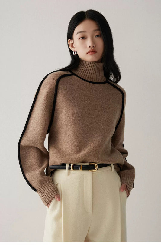 ラインデザインタートルニットトップス