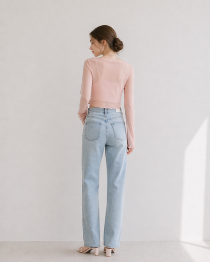 【Sheer Layered Long Sleeve Top Set】
