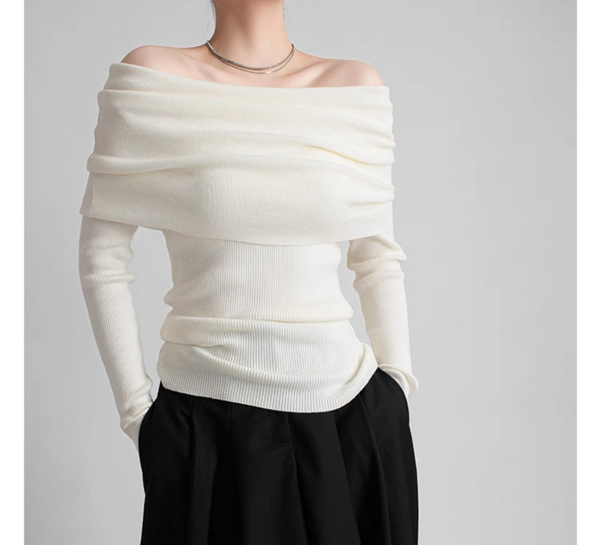 【Gray最短発送あり】Ribbed Off-Shoulder Pullover