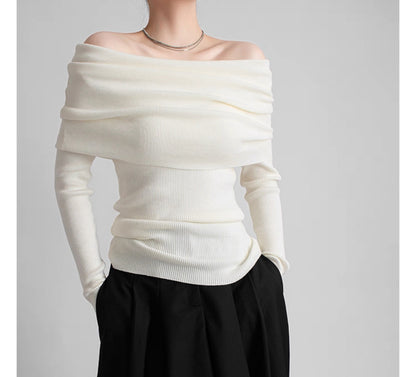 【Gray最短発送あり】Ribbed Off-Shoulder Pullover