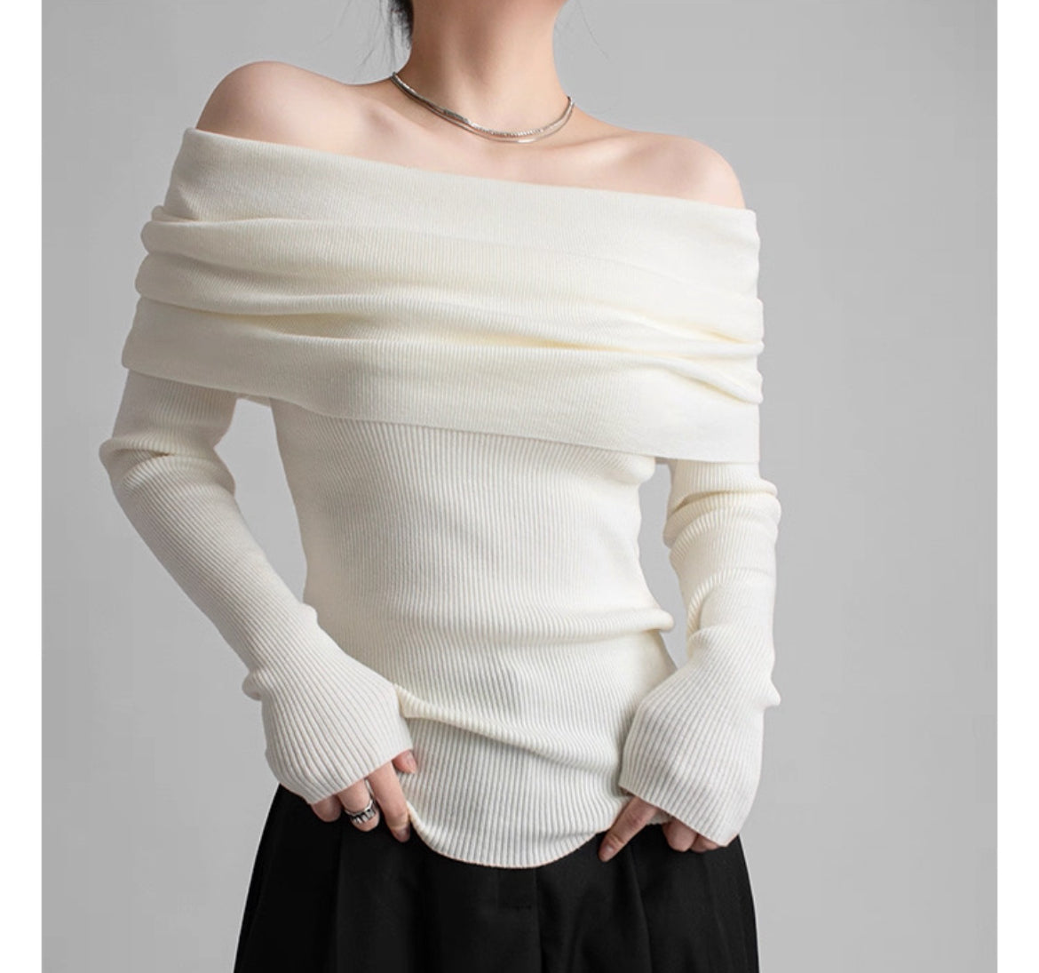 【Gray最短発送あり】Ribbed Off-Shoulder Pullover