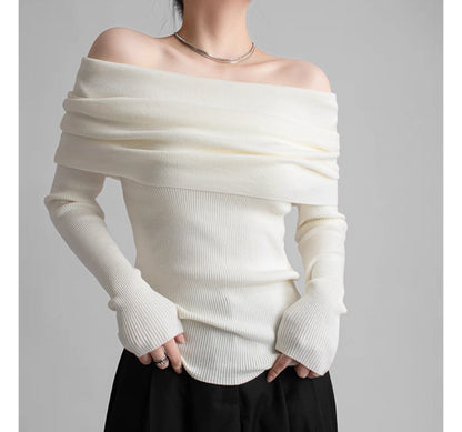 【Gray最短発送あり】Ribbed Off-Shoulder Pullover