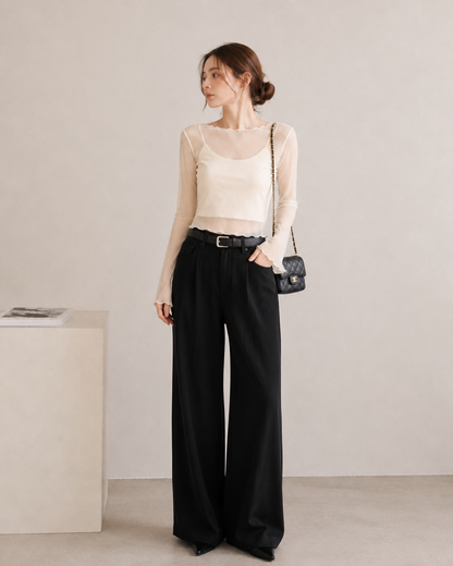【Sheer Layered Long Sleeve Top Set】