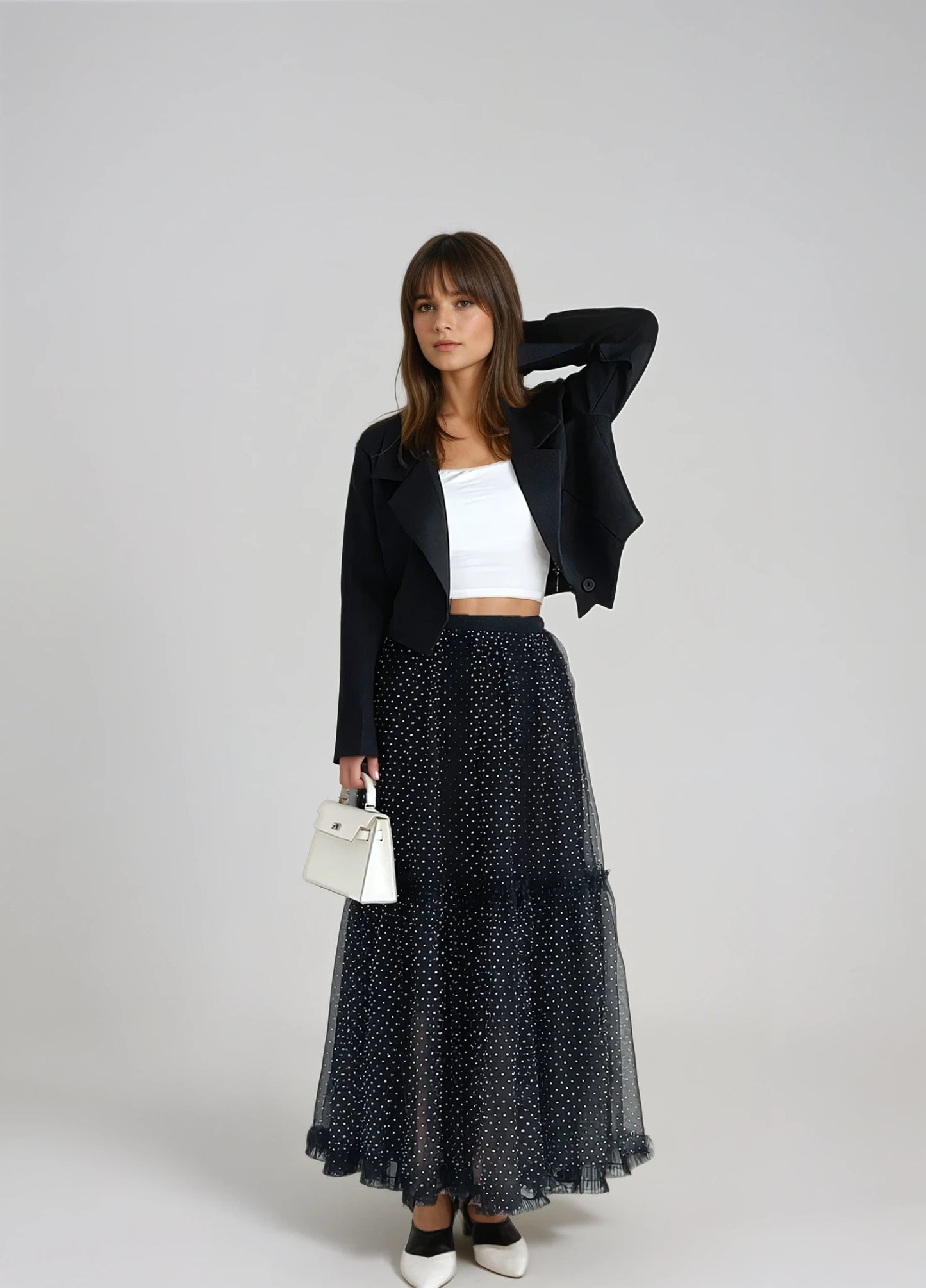 【Elegant Dot Tulle Layered Long Skirt】