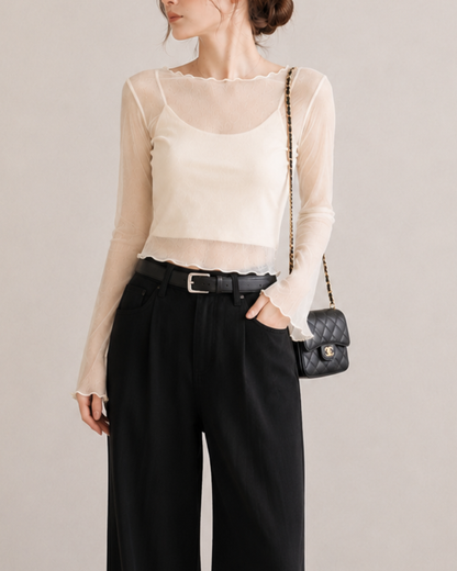 【Sheer Layered Long Sleeve Top Set】