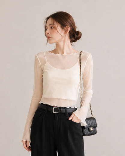 【Sheer Layered Long Sleeve Top Set】