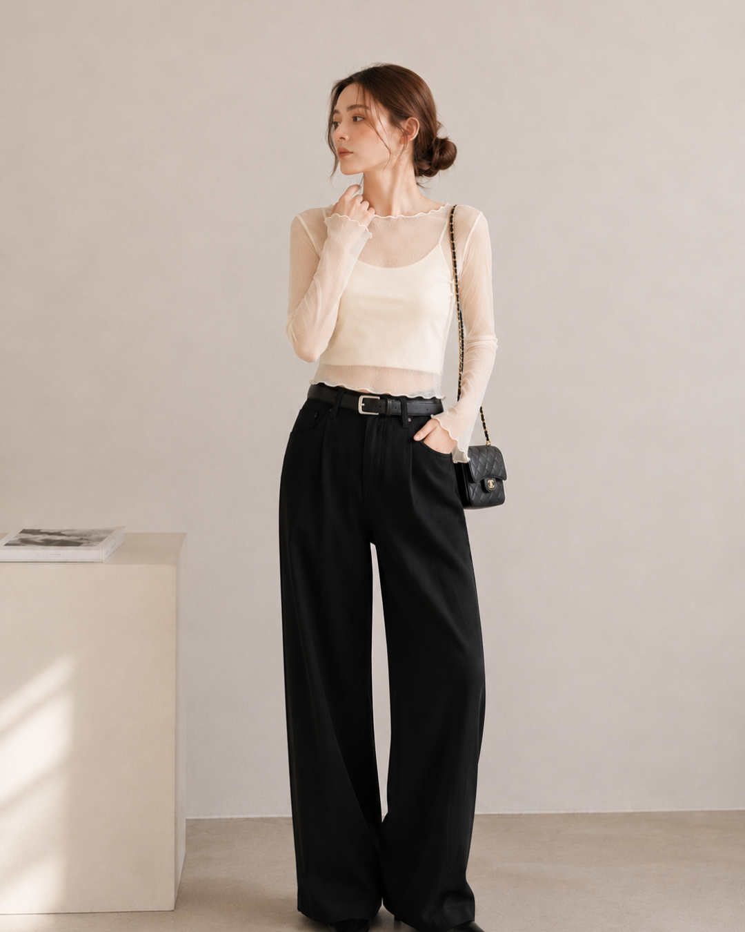 【Sheer Layered Long Sleeve Top Set】