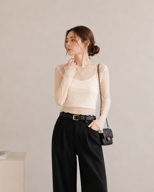 【Sheer Layered Long Sleeve Top Set】