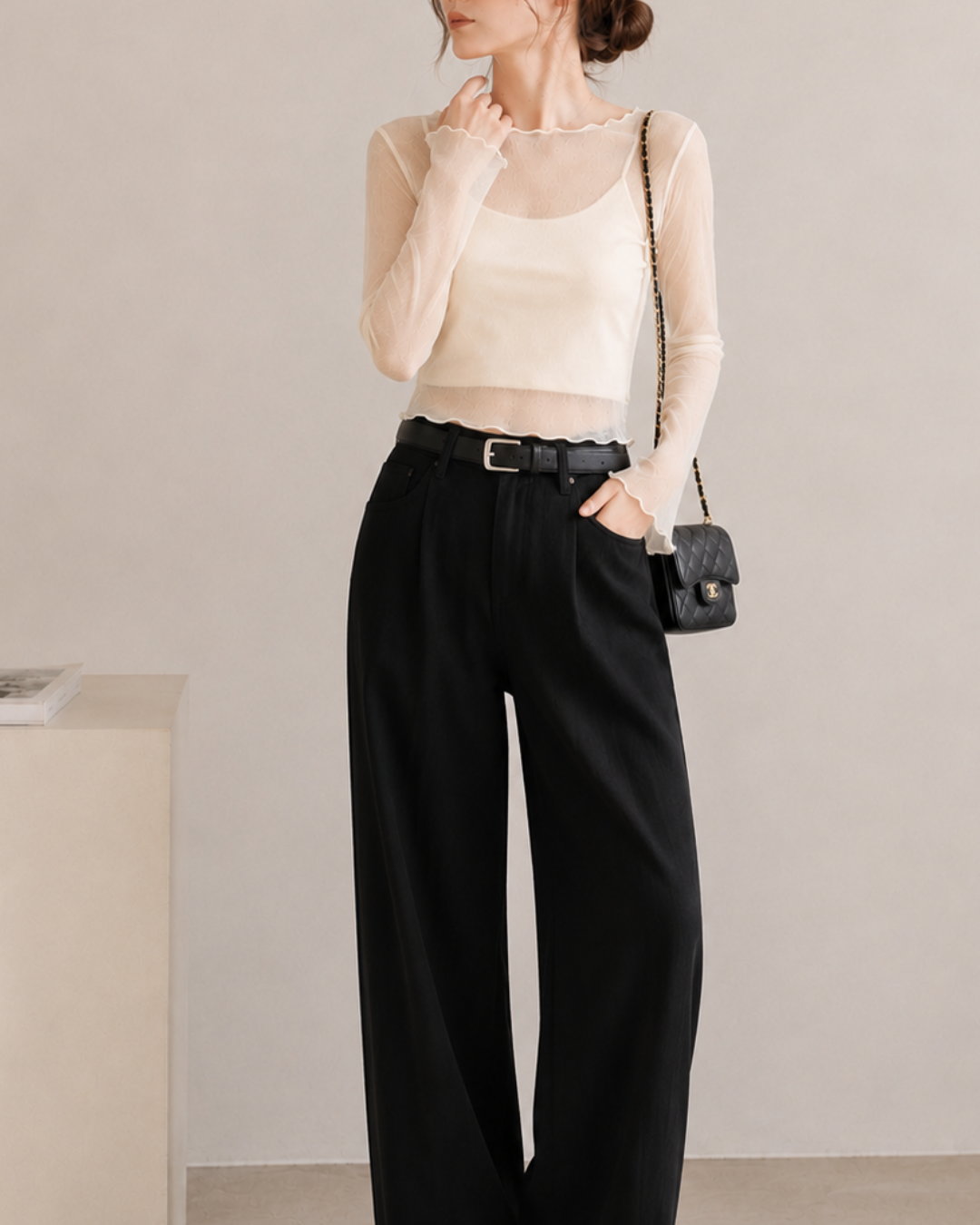 【Sheer Layered Long Sleeve Top Set】