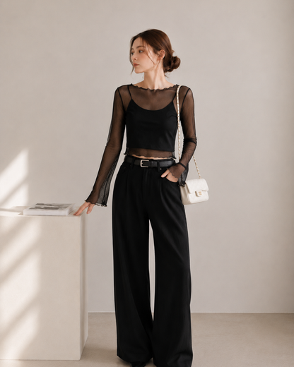 【Sheer Layered Long Sleeve Top Set】