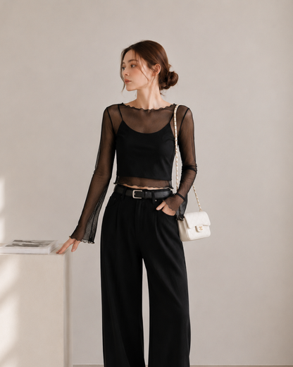 【Sheer Layered Long Sleeve Top Set】