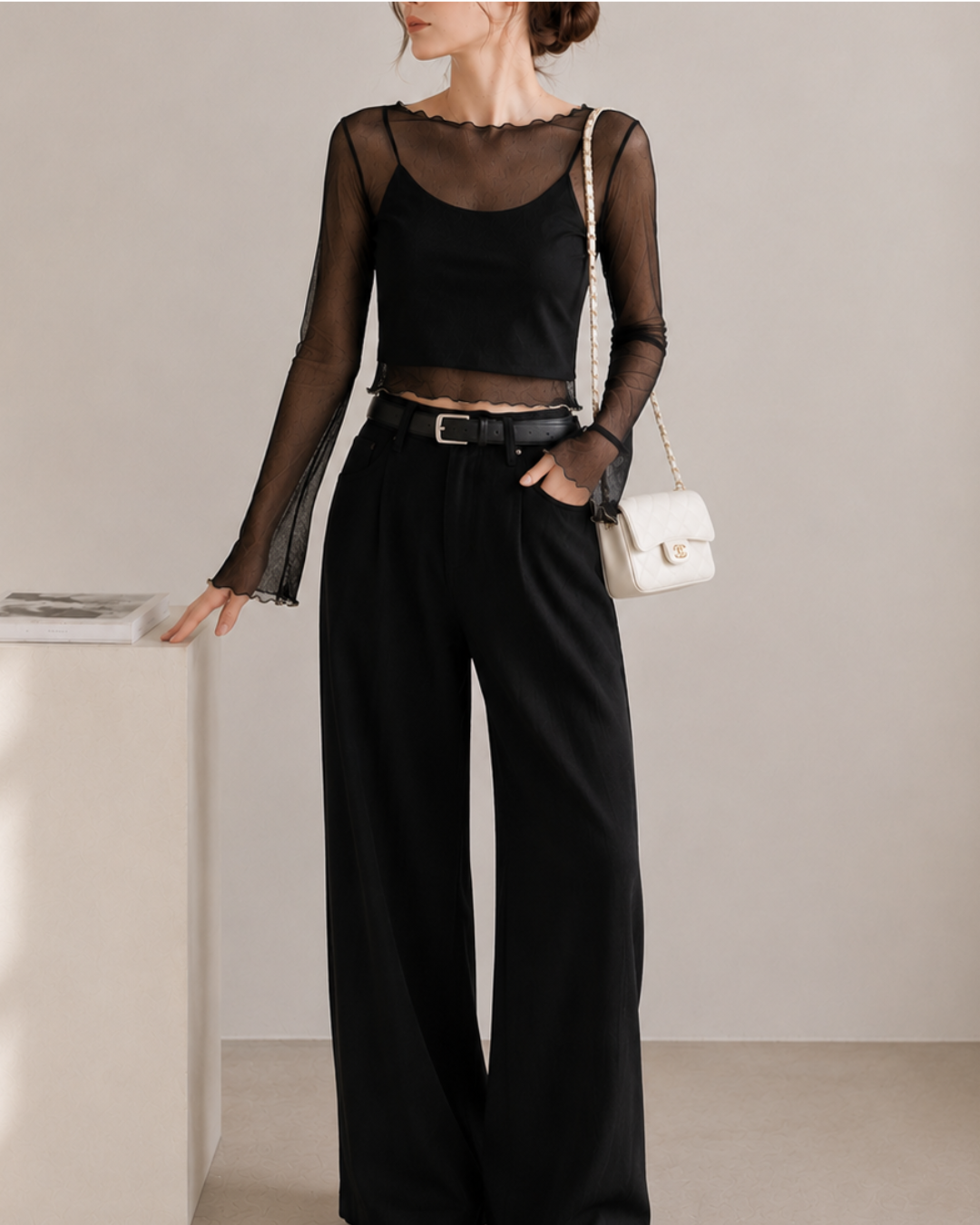 【Sheer Layered Long Sleeve Top Set】