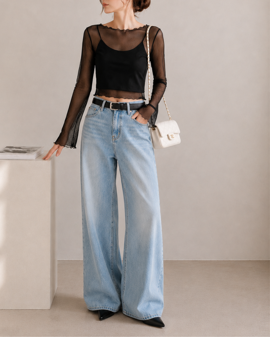 【Sheer Layered Long Sleeve Top Set】