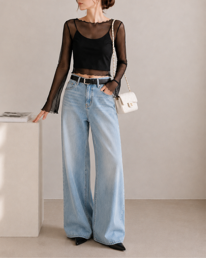 【Sheer Layered Long Sleeve Top Set】