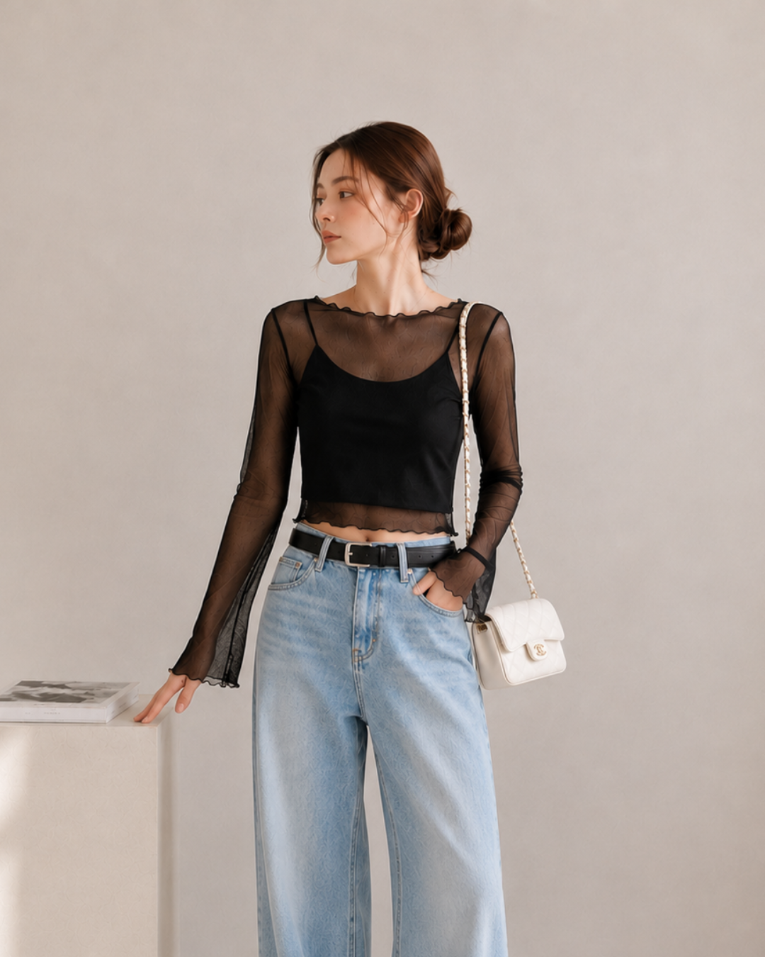 【Sheer Layered Long Sleeve Top Set】