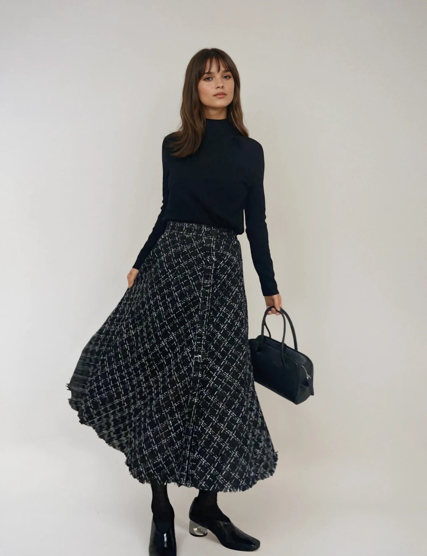 【2点SET】Fringe Tweed Flare Skirt × Soft Touch High Neck Knit