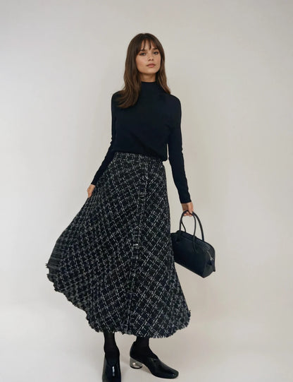 【2点SET】Fringe Tweed Flare Skirt × Soft Touch High Neck Knit
