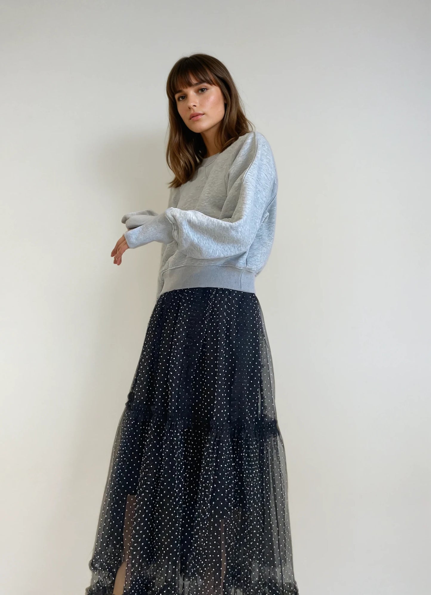 【Elegant Dot Tulle Layered Long Skirt】