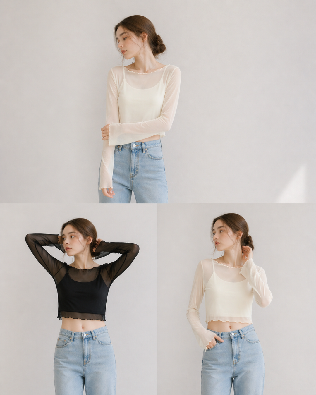 【Sheer Layered Long Sleeve Top Set】