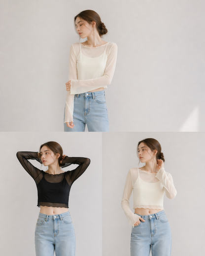 【Sheer Layered Long Sleeve Top Set】