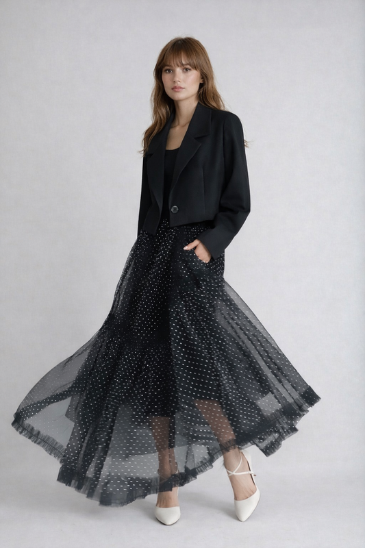 【2点SET】ドットチュールスカート × ショートテーラードジャケット