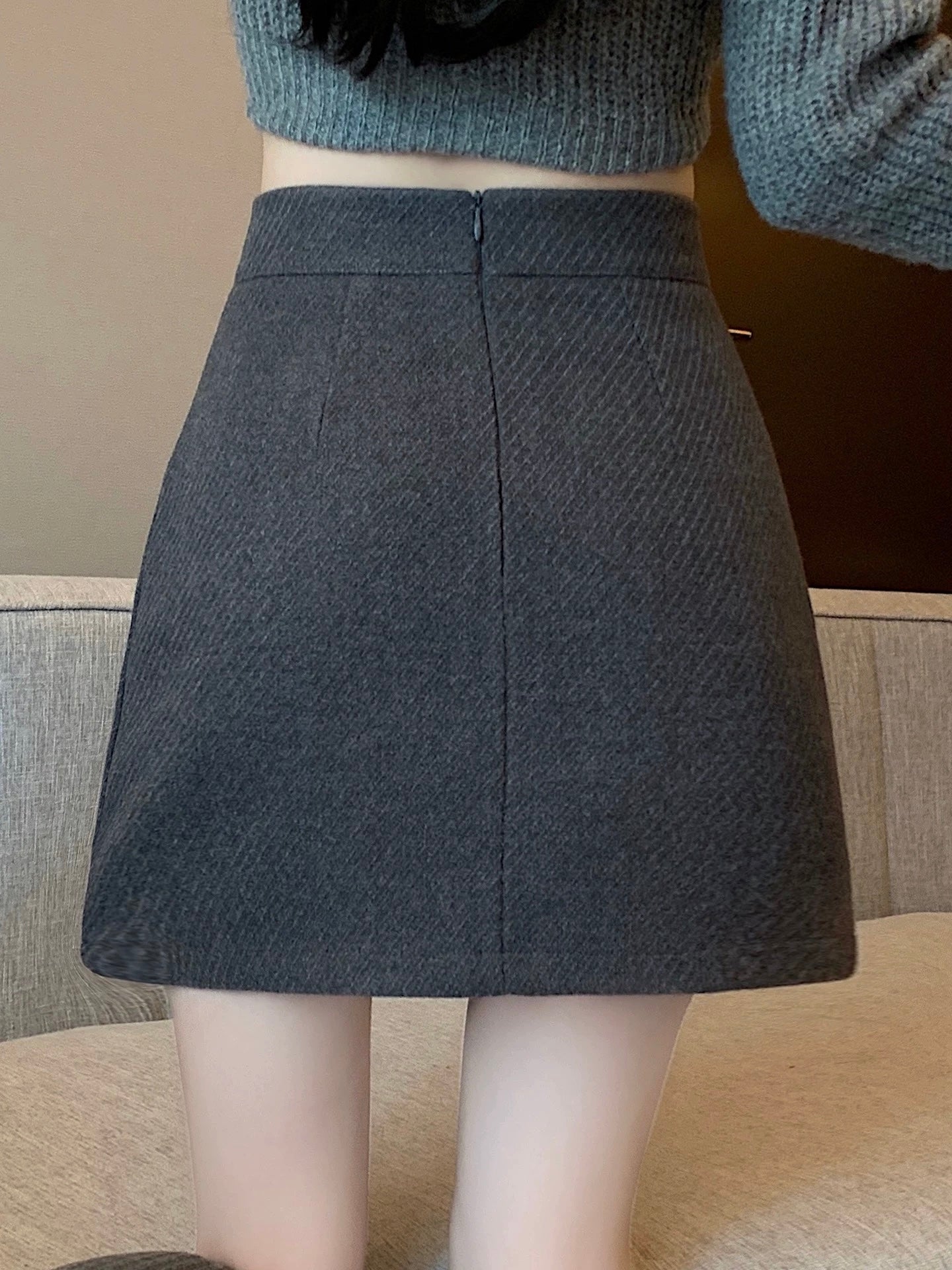 Wool-Like High-Waist A-Line Mini Skirt【Gray M 最短発送】