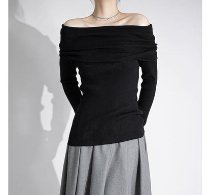 【Gray最短発送あり】Ribbed Off-Shoulder Pullover