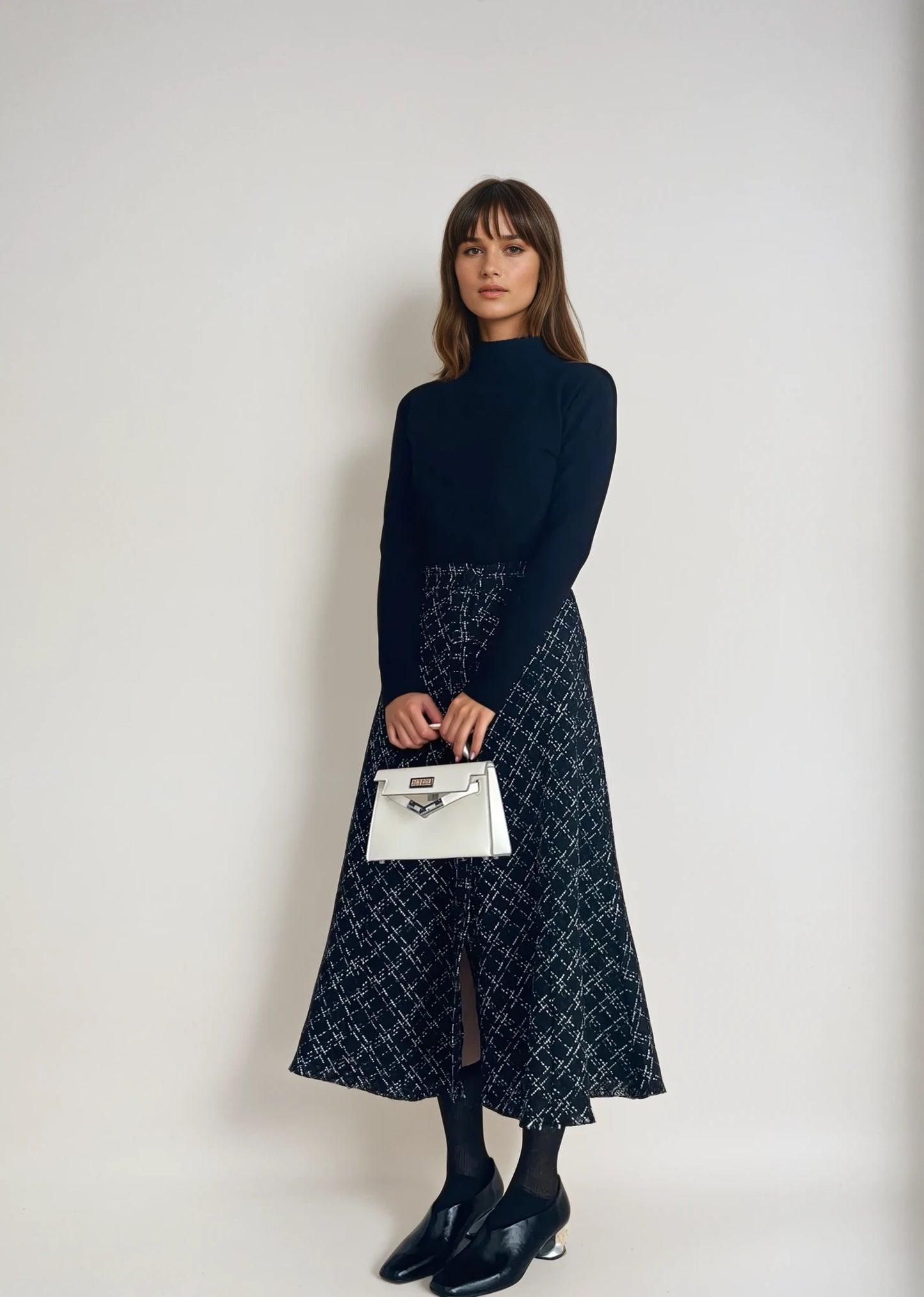 【2点SET】Fringe Tweed Flare Skirt × Soft Touch High Neck Knit