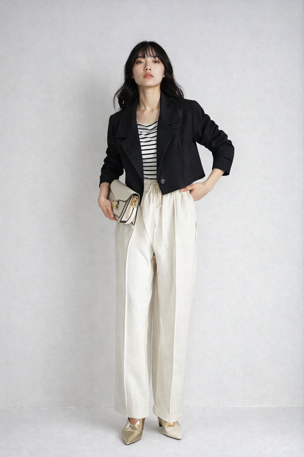 Off-Shoulder Border Long Sleeve Top
