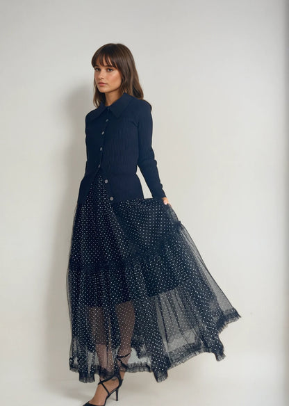 【Elegant Dot Tulle Layered Long Skirt】