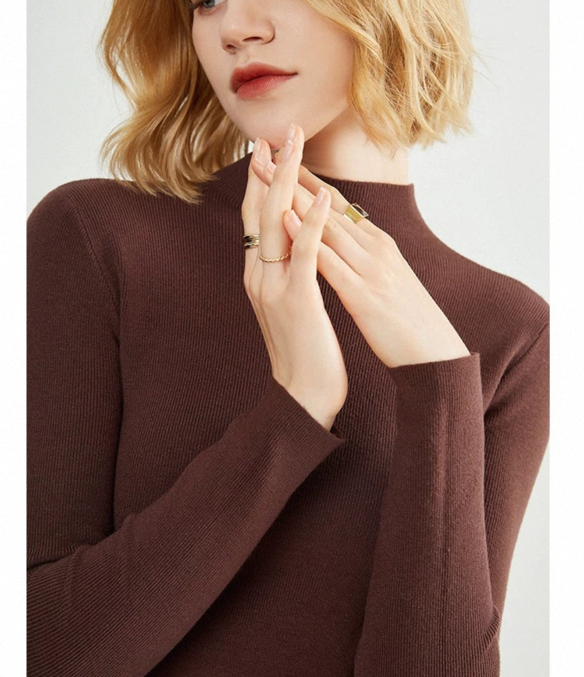 Soft Touch High Neck Knit Top【mocha brown 最短発送】