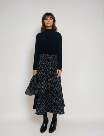 【2点SET】Fringe Tweed Flare Skirt × Soft Touch High Neck Knit