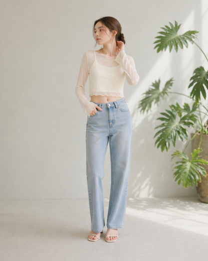 【Sheer Layered Long Sleeve Top Set】