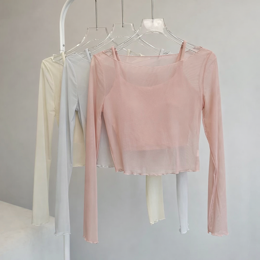 Sheer Layered Long Sleeve Top Set