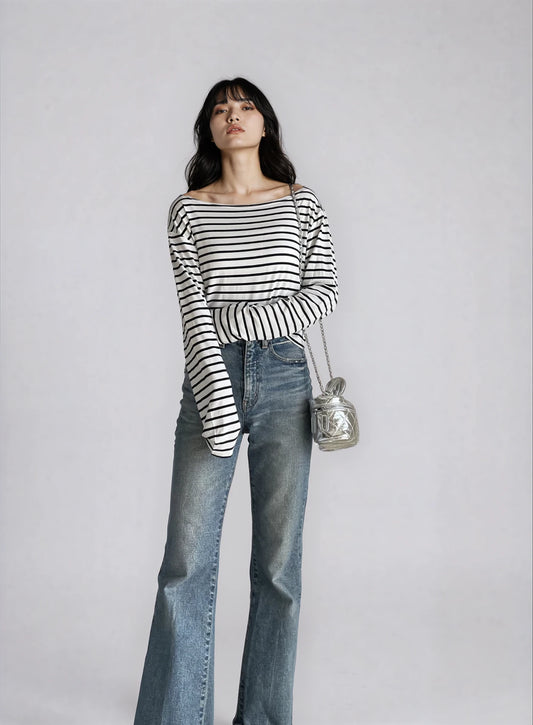 Off-Shoulder Border Long Sleeve Top