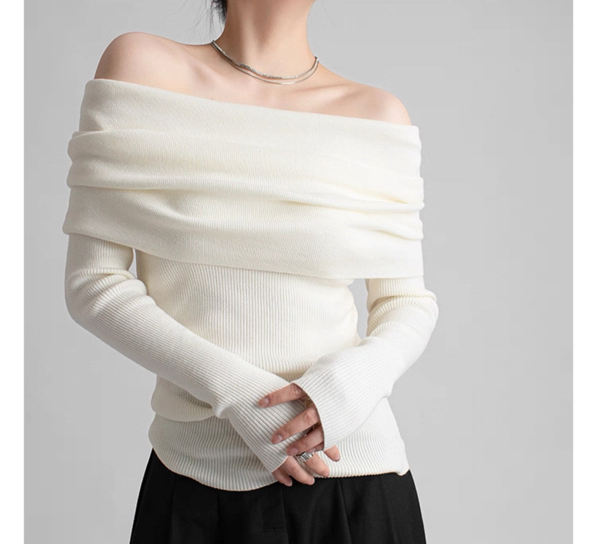 【Gray最短発送あり】Ribbed Off-Shoulder Pullover
