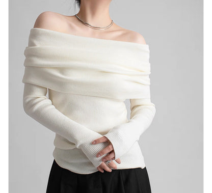【Gray最短発送あり】Ribbed Off-Shoulder Pullover