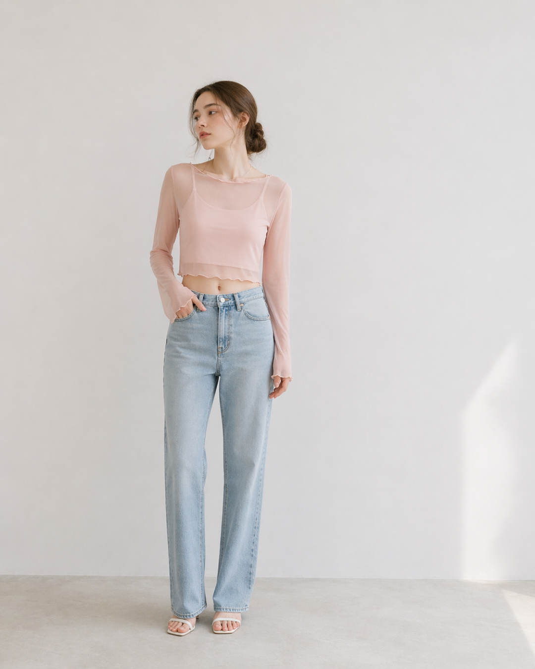 【Sheer Layered Long Sleeve Top Set】