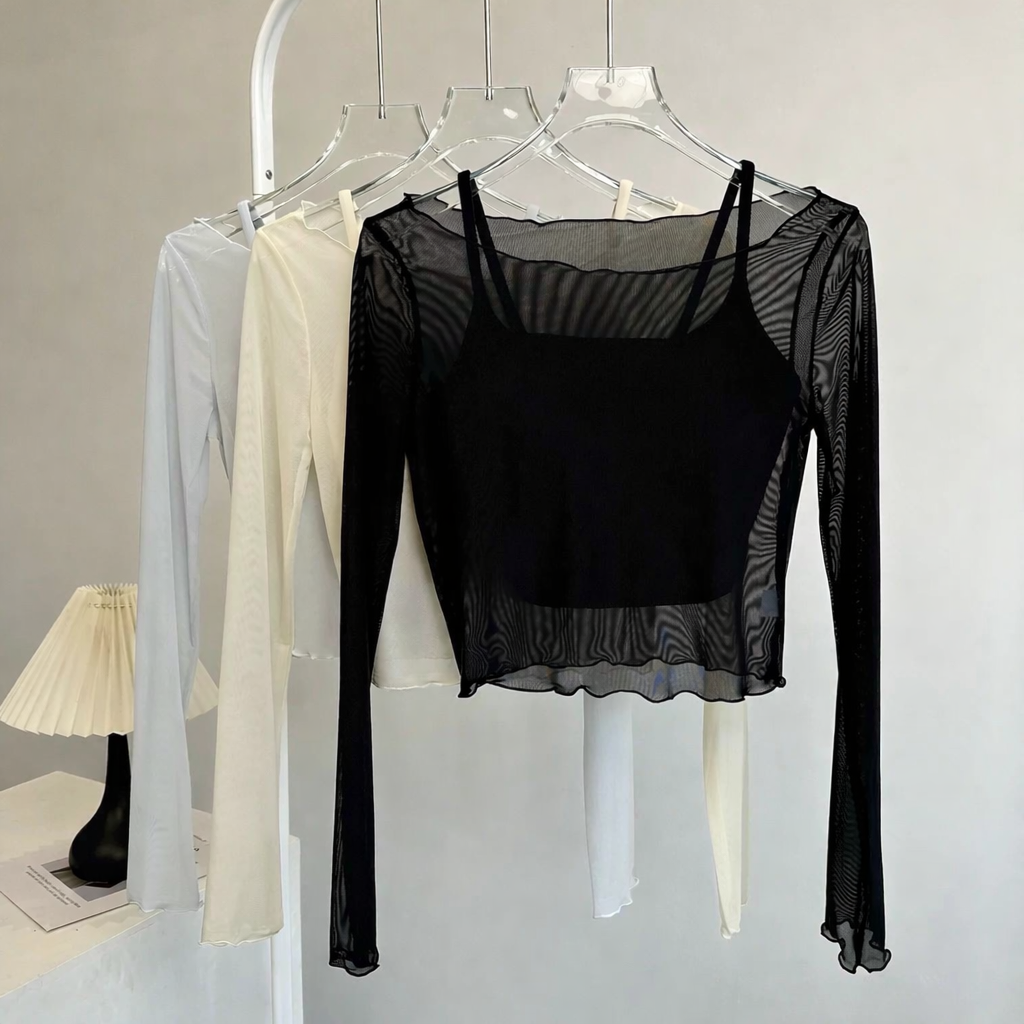 【Sheer Layered Long Sleeve Top Set】
