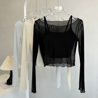 【Sheer Layered Long Sleeve Top Set】