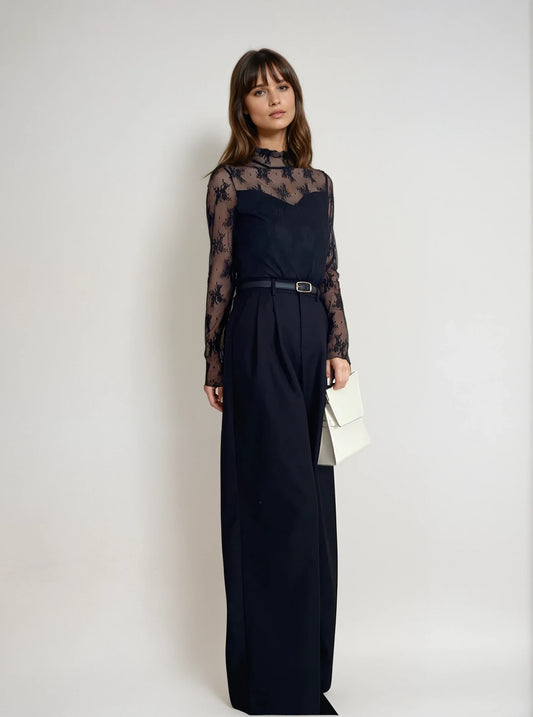 Elegant Sheer Lace High-Neck Top(裏起毛)