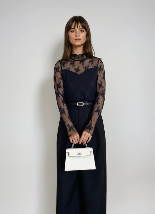 Elegant Sheer Lace High-Neck Top(裏起毛)