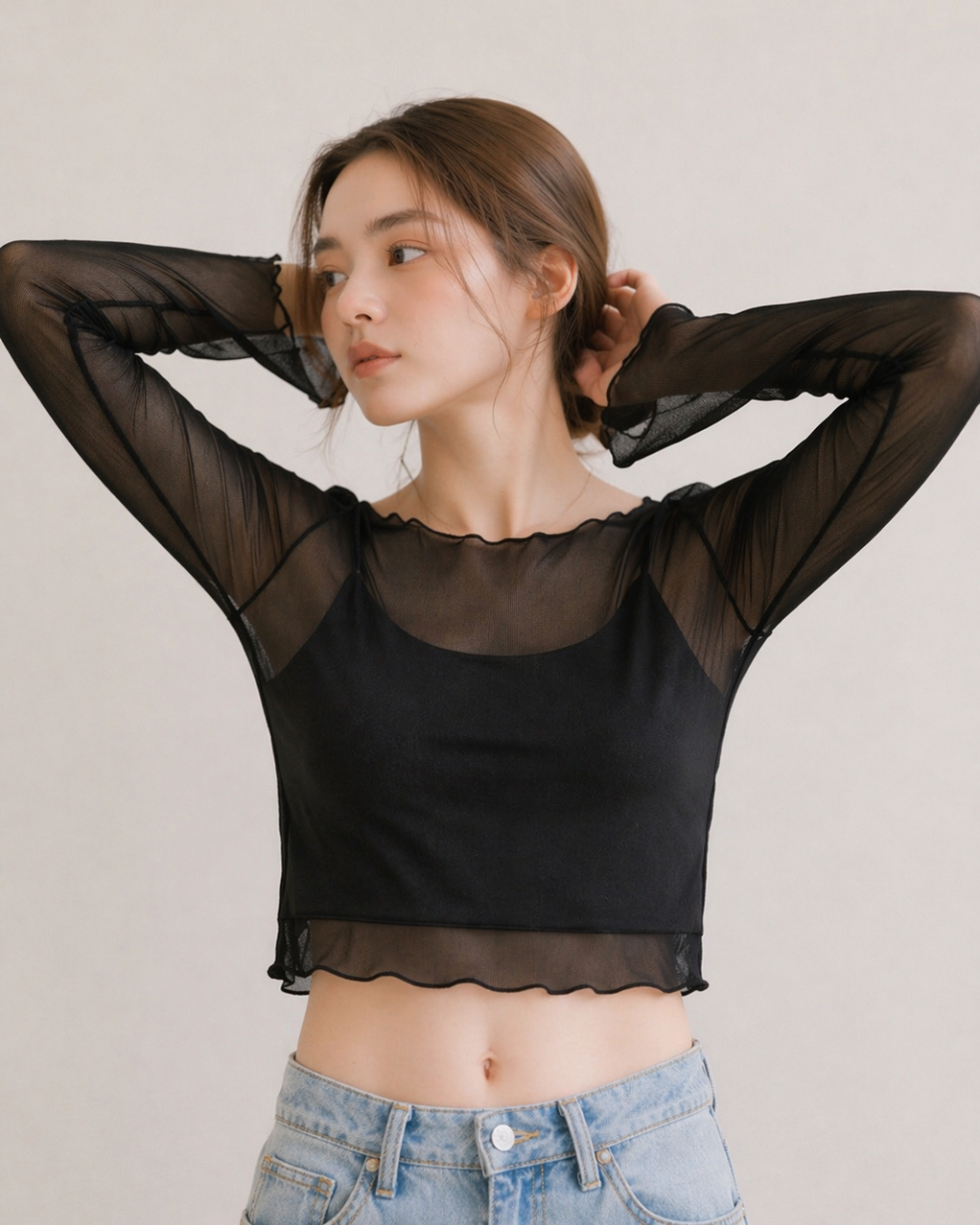 【Sheer Layered Long Sleeve Top Set】